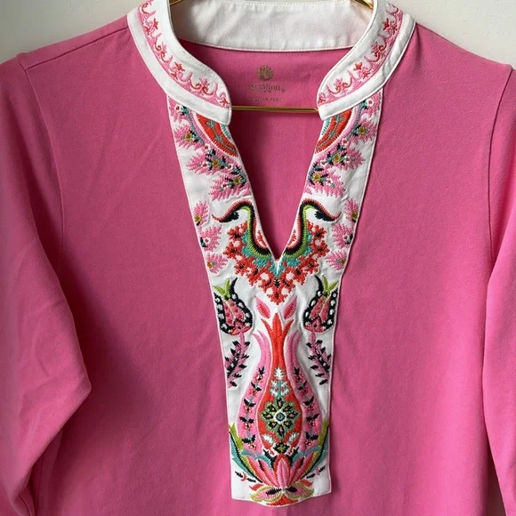 Spartina 449 Monica Tunic Dress in Pink Embroidered Coastal Travel Work Size L - Picture 4 of 10